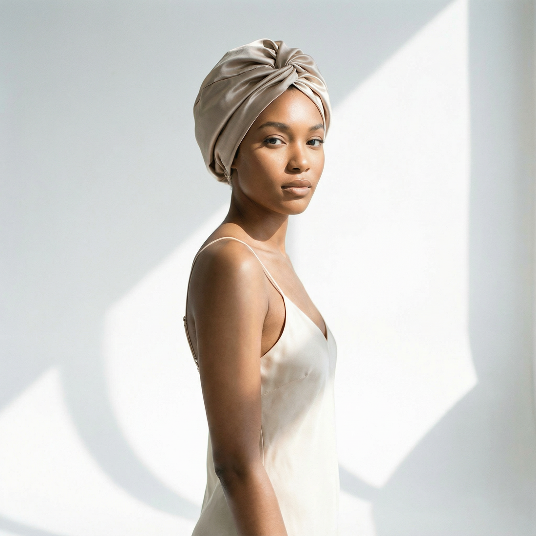 Woman wearing a dark gray ZILK silk scrunchie in her hair — 25-momme mulberry silk helps prevent breakage and frizz.